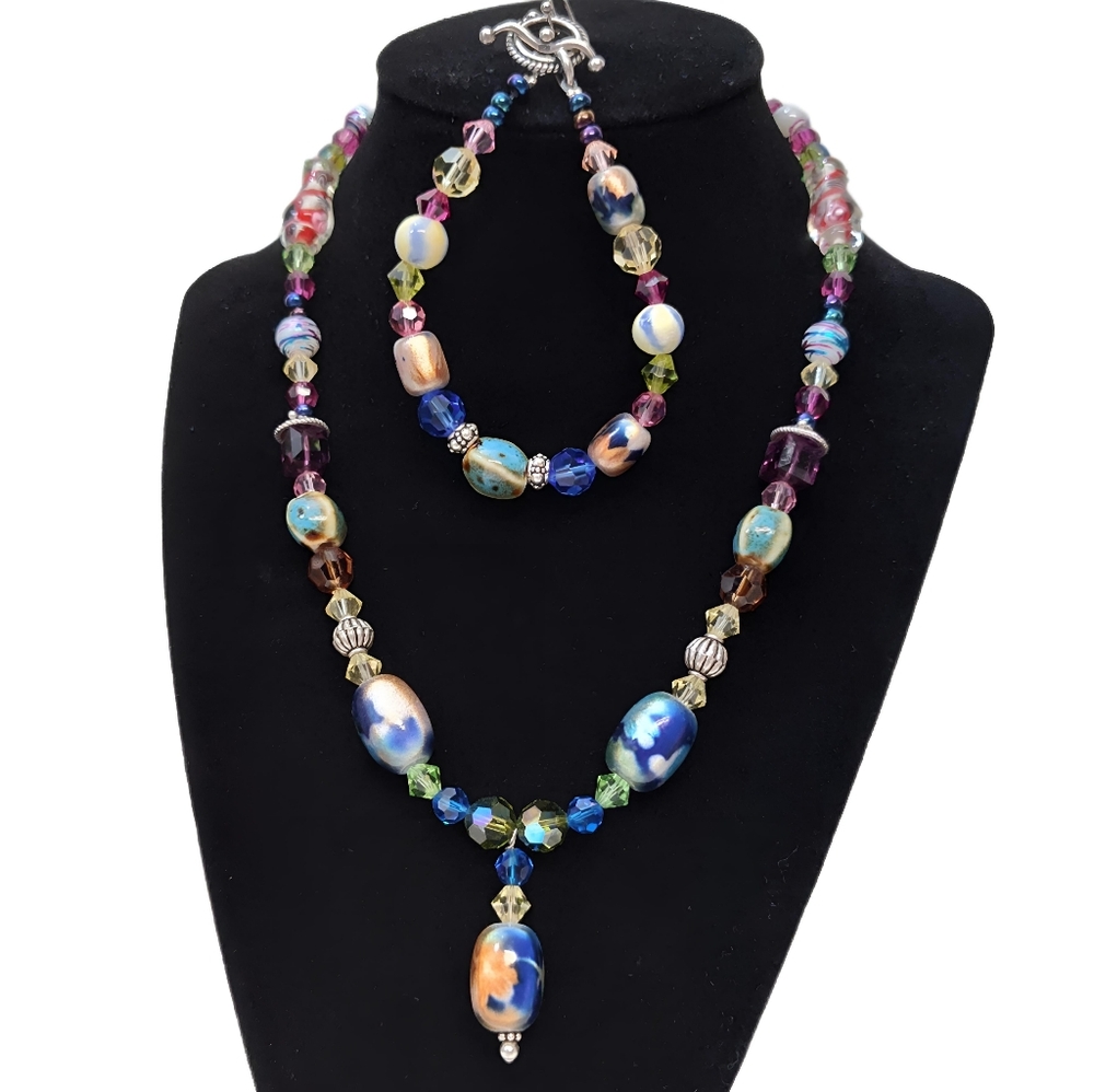 Vintage Sterling Silver Czech Murano Crystal Glass bead Necklace Bracelet Set